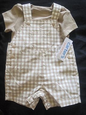 Carter's Beige Gingham Shortall with Matching Tee NWT
